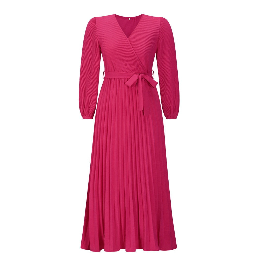 Dames lente zomer maxi jurk met V-hals, elegante geplooide stof en wijde zoom. Comfortabel en stijlvol.