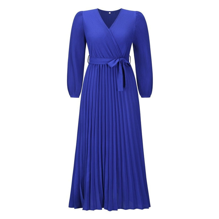 Lichtgewicht polyester dames maxi jurk, V-hals en geplooide details. Perfecte lente zomer outfit.