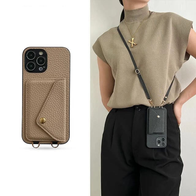 Dames leren crossbody telefoonhoes met pasjeshouder, verstelbaar koord. Ideaal voor iPhone/Samsung bescherming.