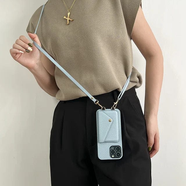 Handige leren crossbody telefoonhoes voor dames. Met veilige pasjeshouder, bescherming voor je smartphone en koord.