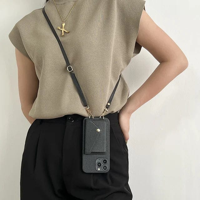 Leren telefoonhoes crossbody met verstelbaar koord en pasjesvak. Geschikt voor dames, biedt bescherming en stijl.