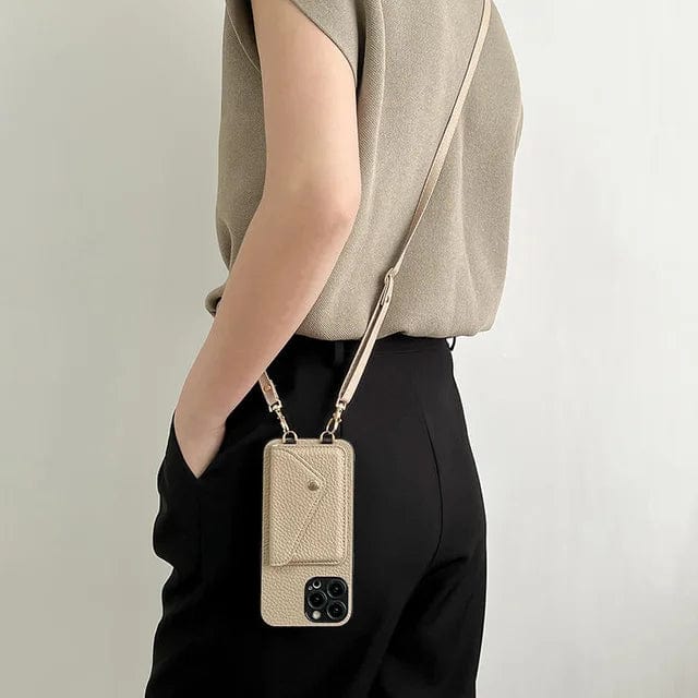Beschermende leren crossbody hoes voor iPhone/Samsung. Geïntegreerde pasjeshouder en draagkoord voor dames.