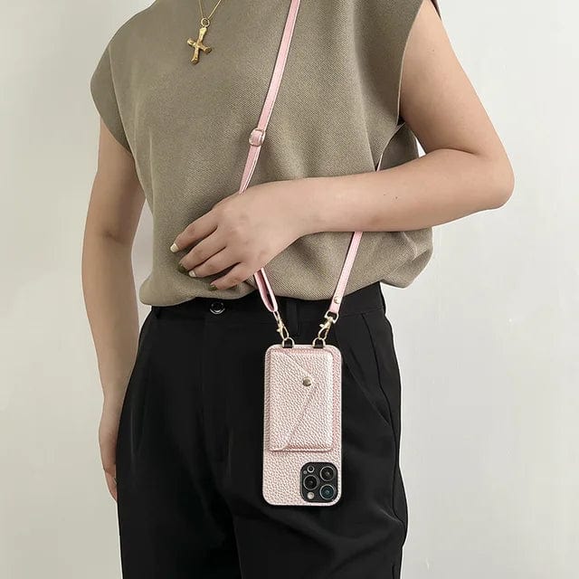 Elegant dames leren crossbody hoesje, multifunctioneel met pasjeshouder. Afneembaar koord voor je telefoon.