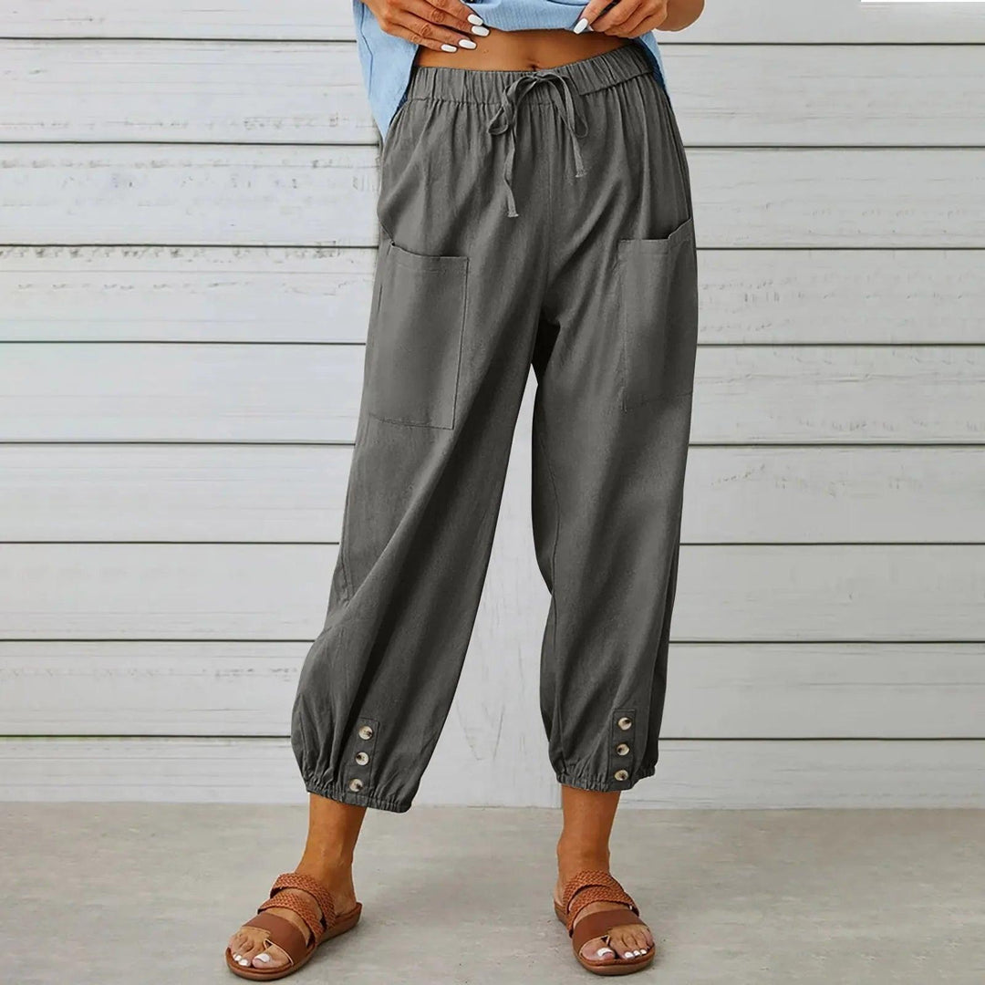 Luchtige linnen dames zomerbroek met trekkoord en wijde pijpen, perfect voor een ontspannen vrijetijdslook.
