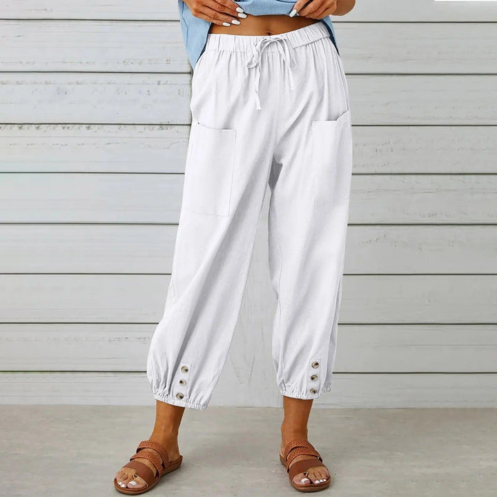 Comfortabele damesbroek met trekkoord, wijde pasvorm, luchtig en perfect voor warme zomerdagen.