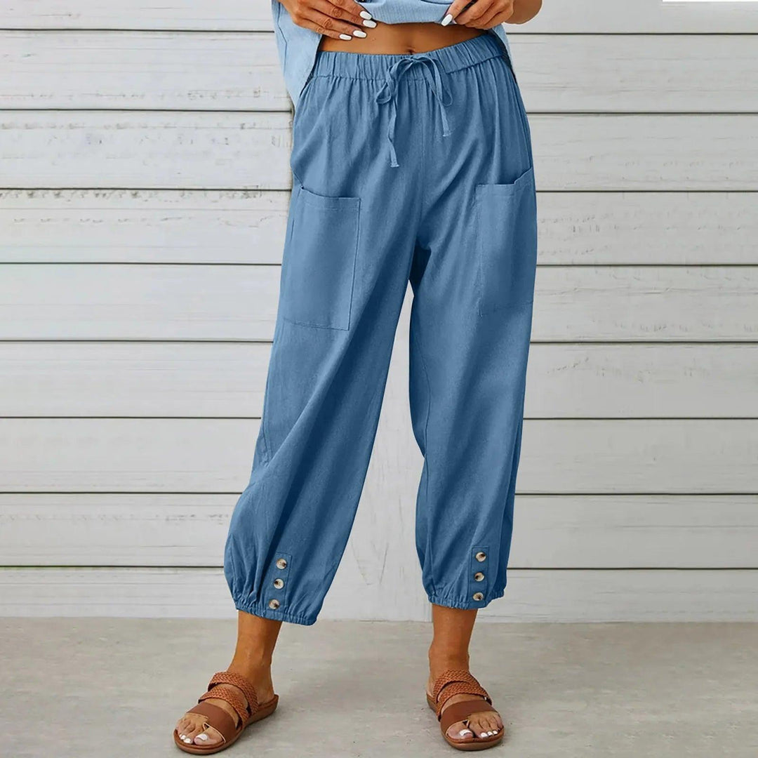 Dames vrijetijdsbroek met wijde pijpen en koord, van ademend linnen, voor een casual zomerstijl.
