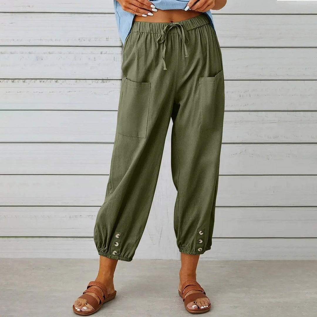Elegante dames linnen zomerbroek met wijde pasvorm en trekkoord, ideaal voor een luchtige uitstraling.