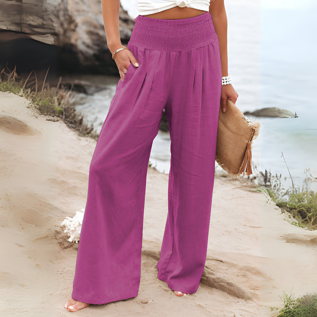 Dames linnen broek met hoge taille, comfortabel en luchtig voor zomer en lente.