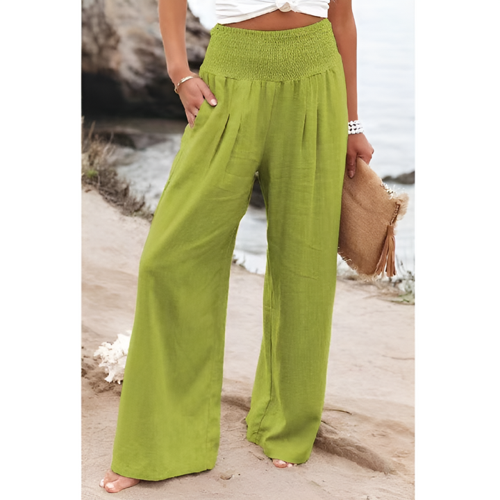 Comfortabele stretch damesbroek van linnen met hoge taille, een modieus en veelzijdig kledingstuk.