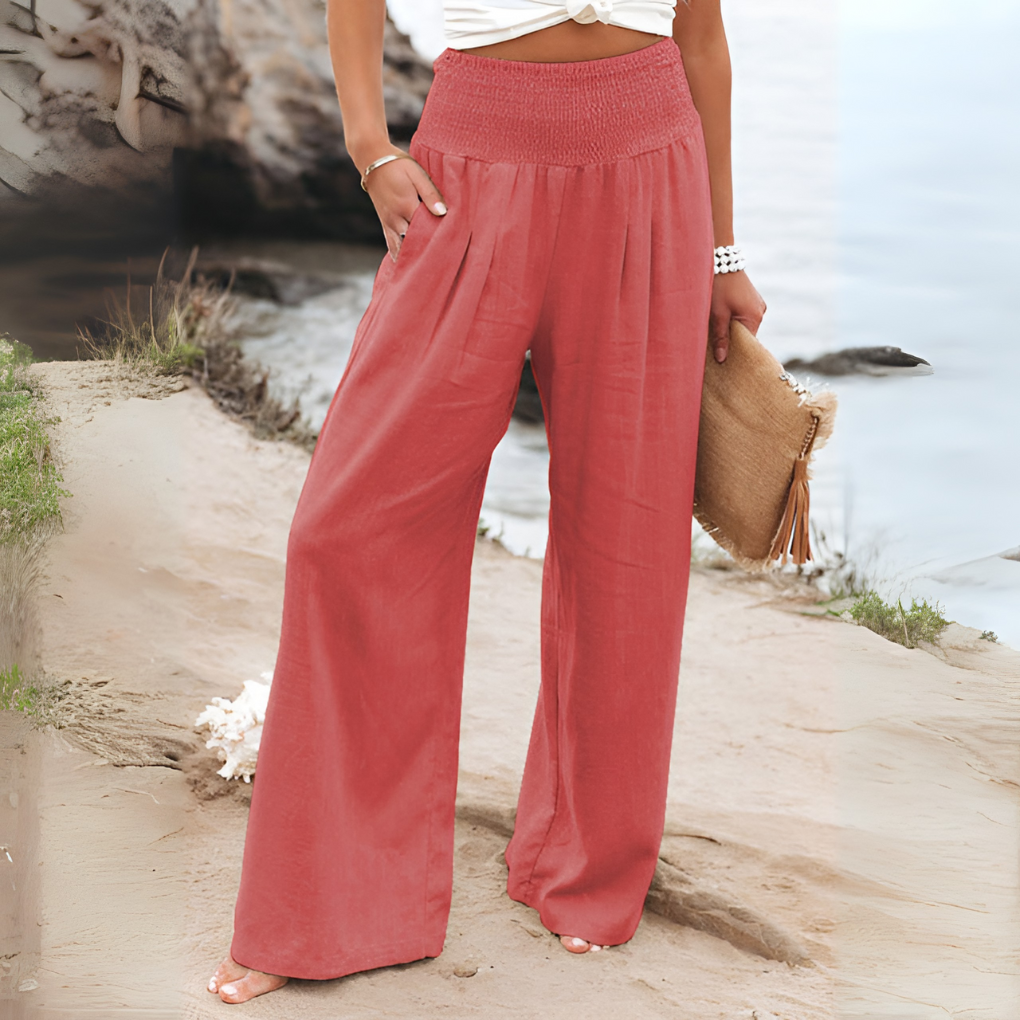 Veelzijdige dames linnen broek met hoge taille, stretch en luchtig, ideaal voor comfortabele zomermode.