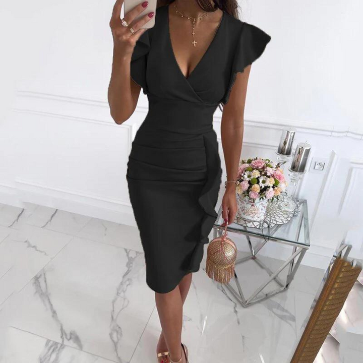 Chique Livia V-hals midi-jurk, getailleerd en ademend, de perfecte elegante dames zomerjurk.