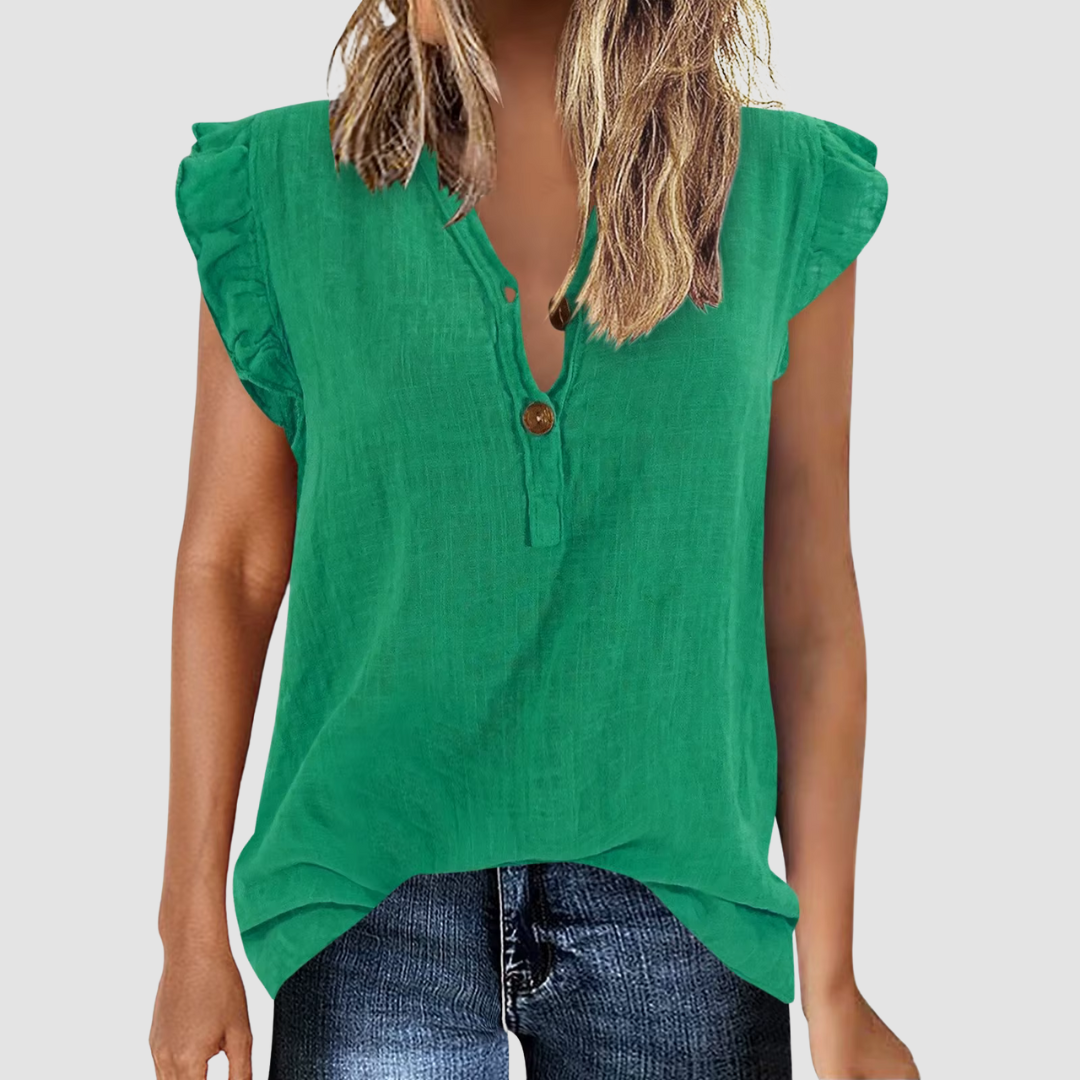Veelzijdige damesblouse, zomer-proof met losse pasvorm en complete knoopsluiting voor dagelijks gemak.