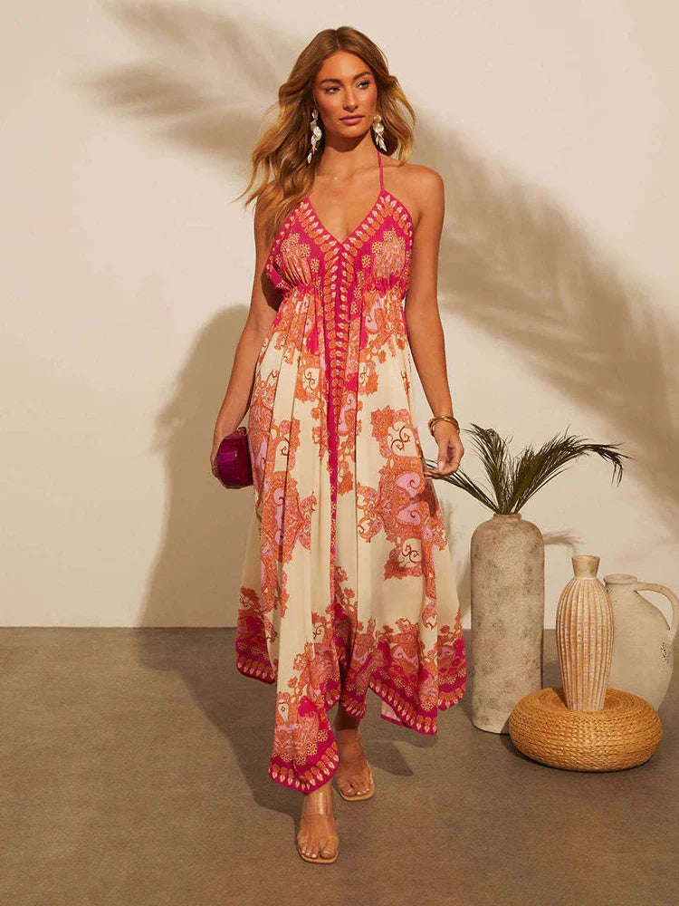 Boho maxijurk voor dames met halternek. Stijlvolle lange zomerjurk, perfect voor strand & vakantie.
