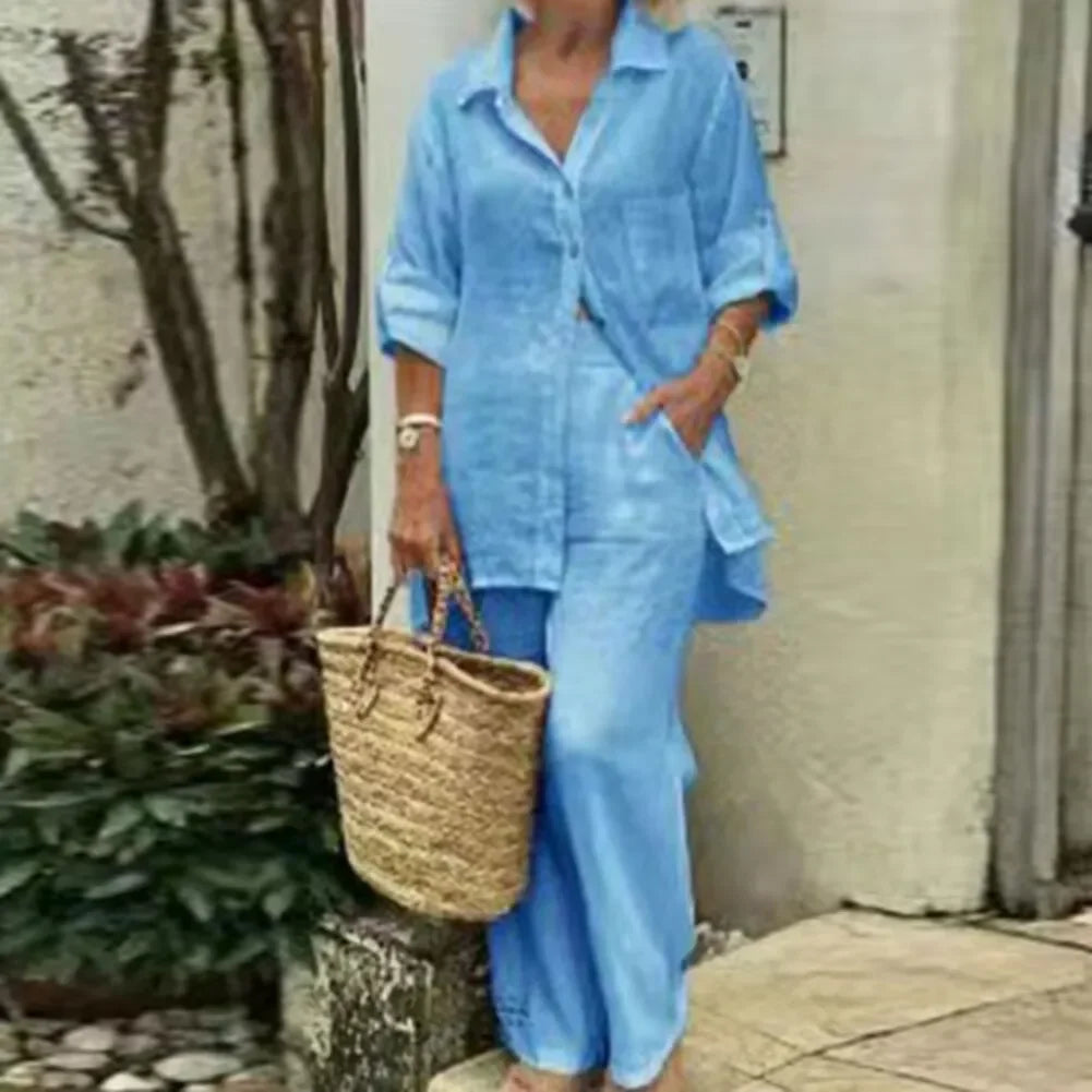 Dames luchtige oversized linnen combi Amaris met blouse en broek voor een comfortabele zomerse outfit.