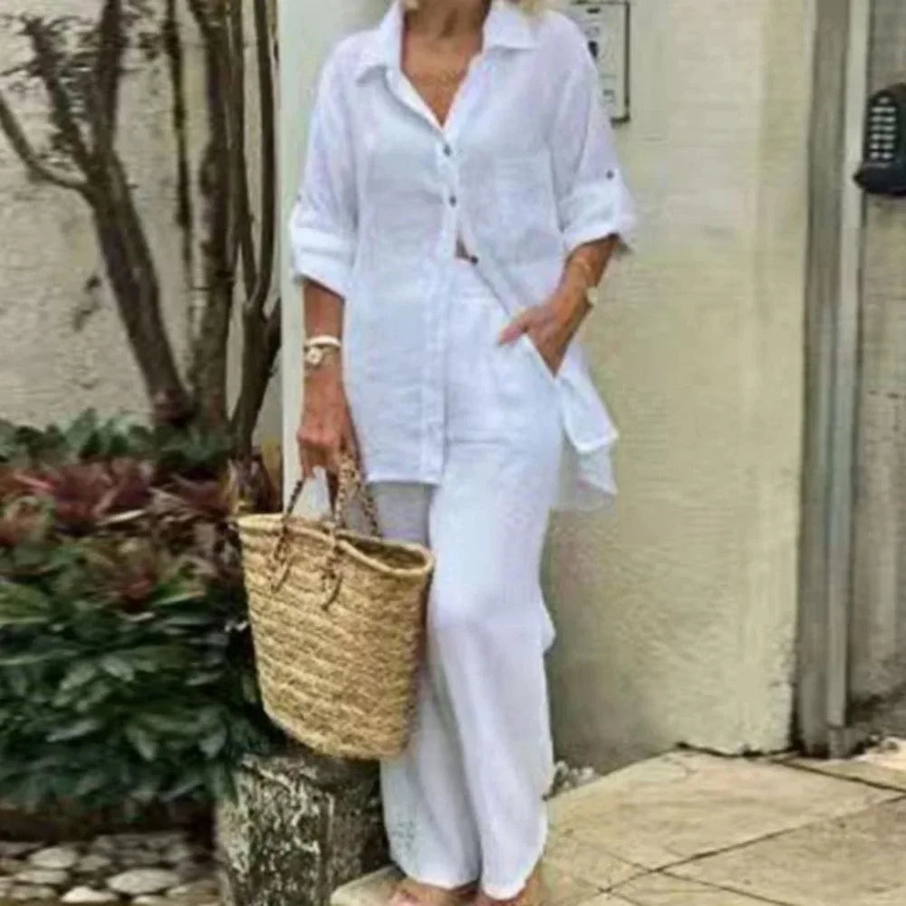 Stijlvolle oversized linnen blouse Amaris voor dames, onderdeel van een luchtige zomerse combi set met wijde pasvorm.