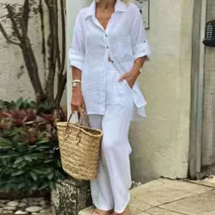 Stijlvolle oversized linnen blouse Amaris voor dames, onderdeel van een luchtige zomerse combi set met wijde pasvorm.
