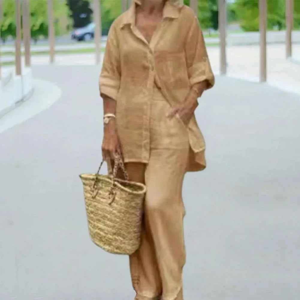 Comfortabele oversized linnen broek Amaris voor dames, van een casual combi outfit, ideaal voor warme zomerdagen.