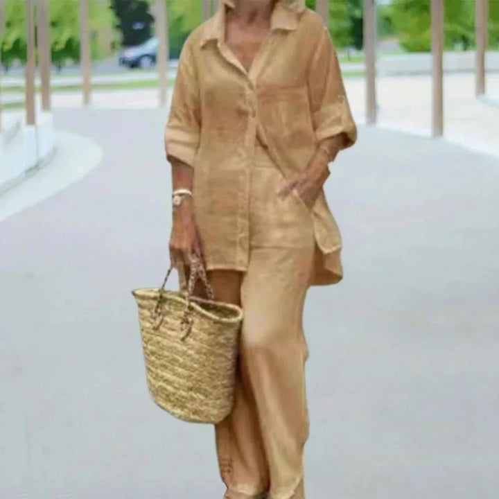 Comfortabele oversized linnen broek Amaris voor dames, van een casual combi outfit, ideaal voor warme zomerdagen.