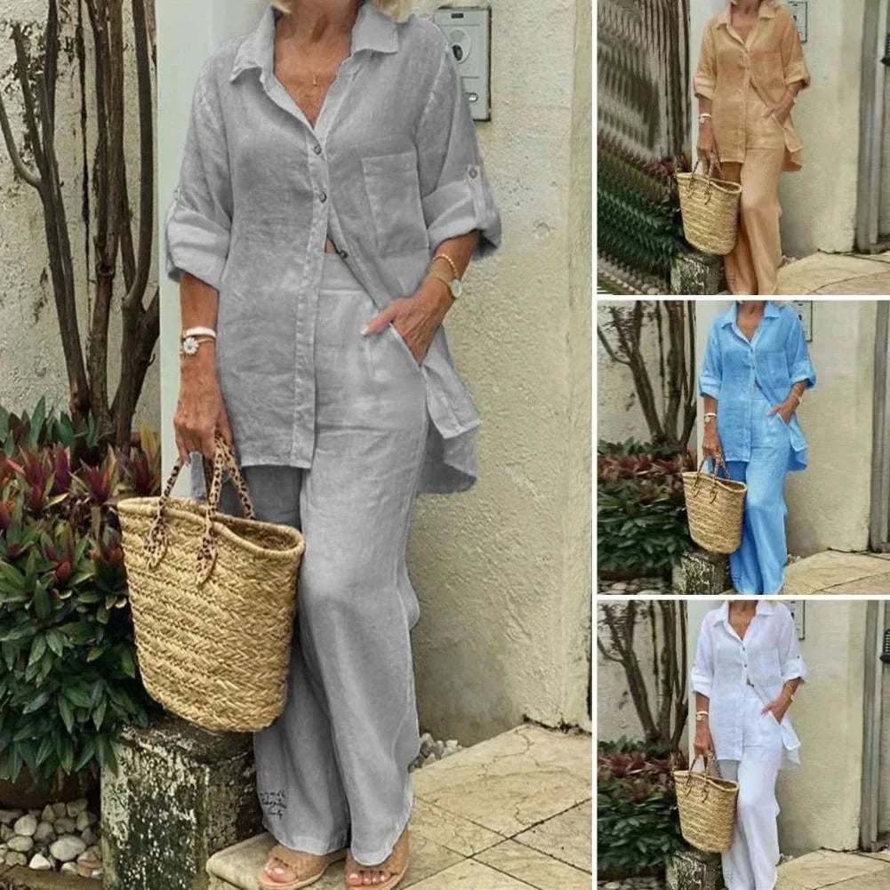 Modieuze oversized linnen set Amaris voor dames, bestaande uit blouse en broek, als complete casual en comfortabele outfit.