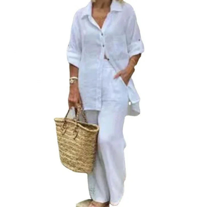 Veelzijdige stijlvolle oversized linnen dames combi Amaris met blouse en broek voor diverse comfortabele zomerse looks.