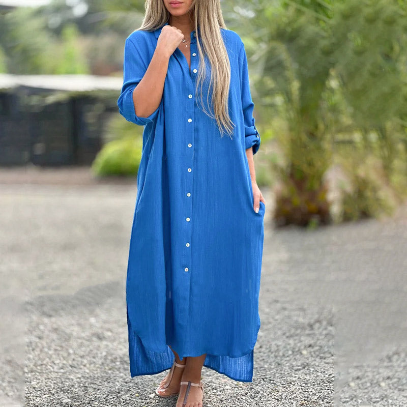 Luchtige dames shirtjurk, lange mouwen en polokraag, geschikt voor lente en zomer.