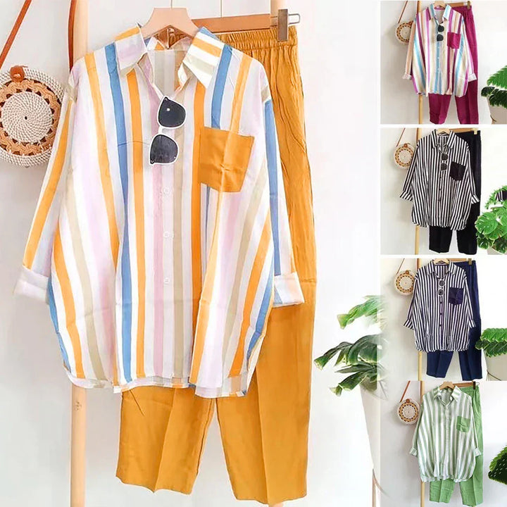Close-up van het losse, ademende shirt uit de tweedelige dames zomerset van Zayenne voor modebewuste vrouwen.