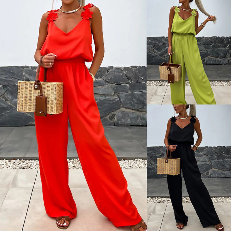 Trendy casual dames jumpsuit met wijde pijpen, perfect voor zomerse mode en een elegante look.
