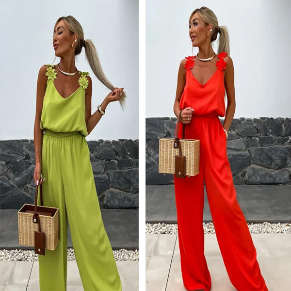 Perfecte vakantie jumpsuit voor dames, luchtig, mouwloos en met wijde pijpen.