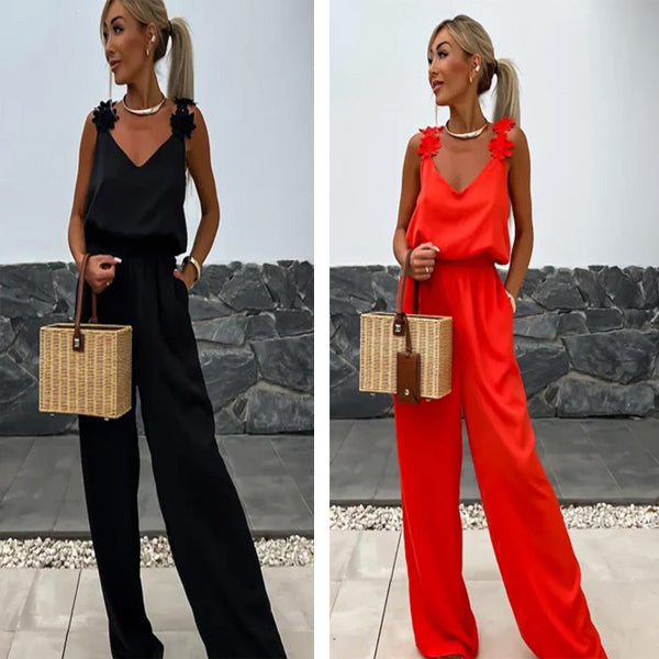 Chique dames zomer jumpsuit met wijde pijpen voor een elegante, comfortabele en trendy uitstraling.