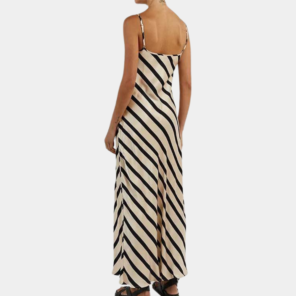 Elegante dames mouwloze zomerjurk Marise met verfijnde strepen, ideaal voor warme dagen en vakantie.