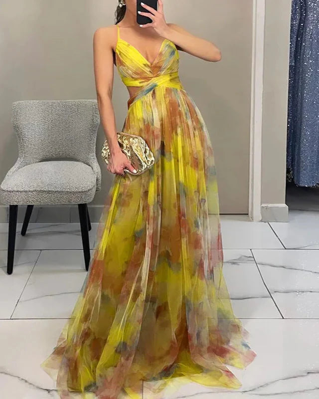 Veelzijdige dames maxi jurk, bloemenprint, spaghettibandjes, geschikt als strandjurk of casual.