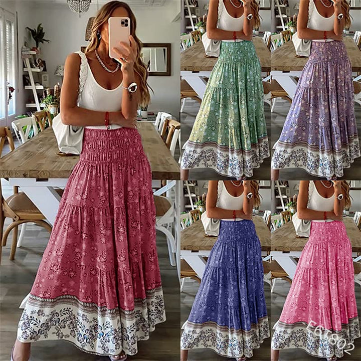 Elegante dames maxi rok met subtiele boho bloemenprint, perfect voor een chique zomerse look. Comfortabel.