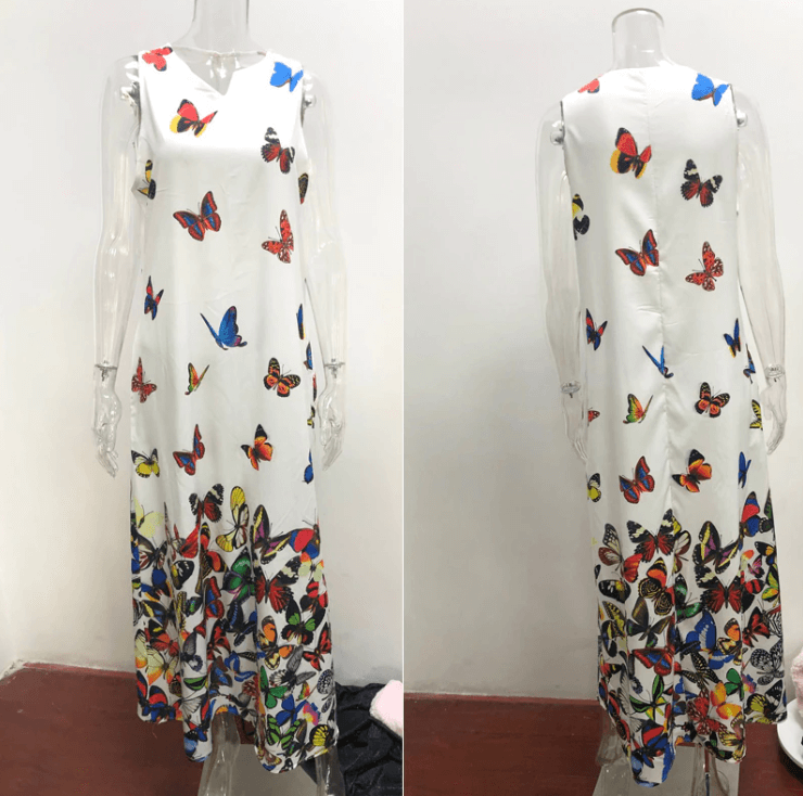 Casual dames jurk: lange, comfortabele maxi jurk met subtiel vlinderdesign. Trendy en mouwloos.