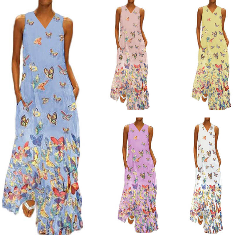 Trendy zomerjurk dames, Malia model. Mouwloze maxi jurk met levendig vlinderpatroon. Perfect voor warme dagen.