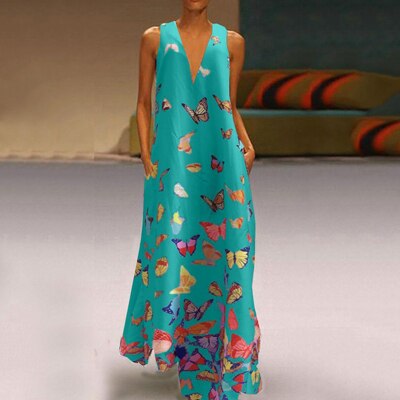 Vlinder jurk dames: een elegante, mouwloze maxi zomerjurk. Comfortabel en stijlvol voor elke gelegenheid.