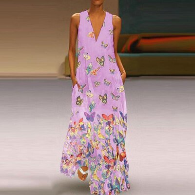 Comfortabele dames zomerjurk Malia, lange mouwloze maxi jurk met prachtig vlinderdesign.