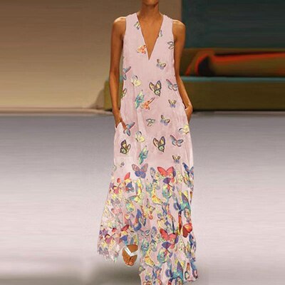 Trendy vlinder maxi jurk voor dames, perfect als casual jurk of strandjurk. Mouwloos en luchtig.