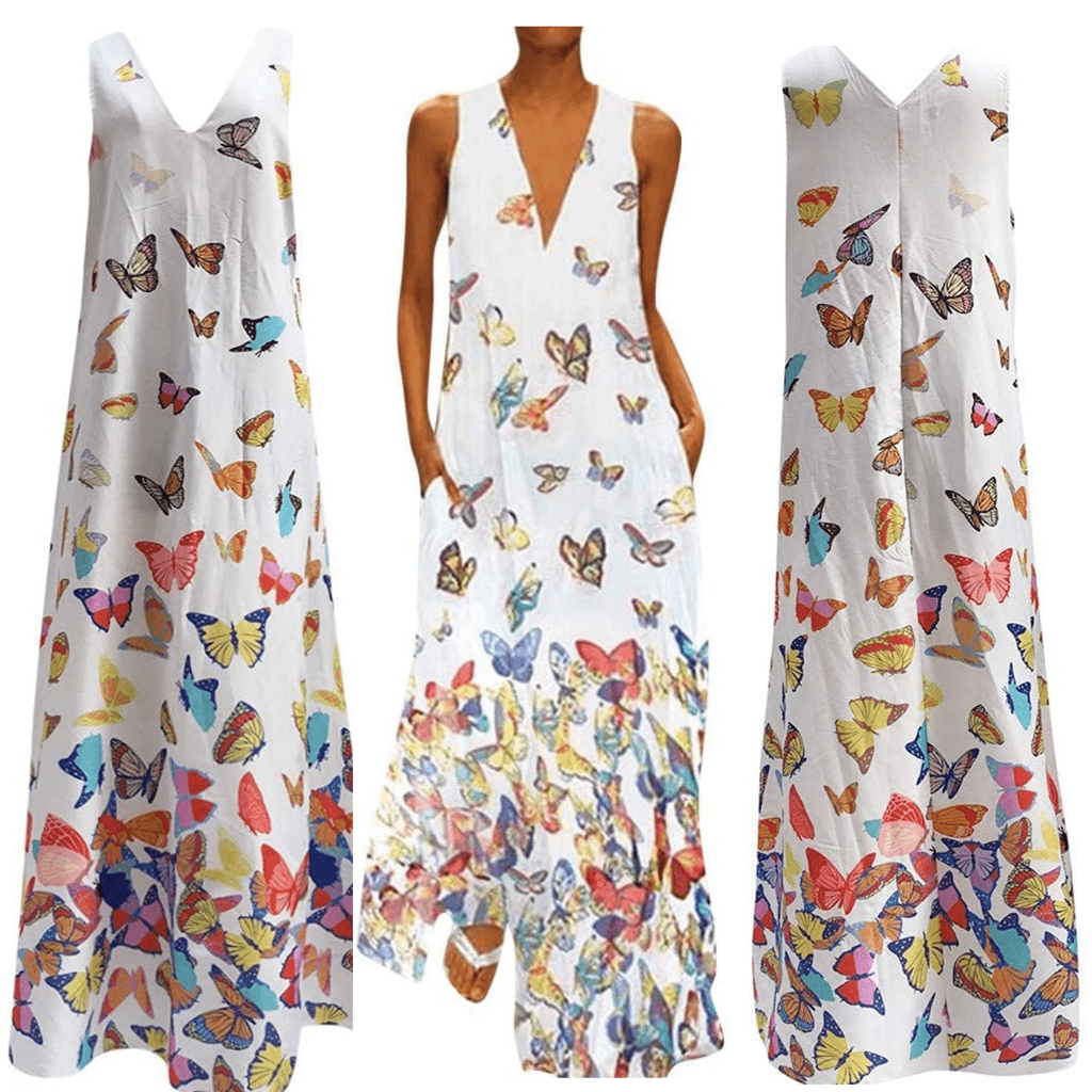Vrouwenkleding: zomerse maxi jurk met kleurrijk vlinderpatroon. Comfortabel en trendy voor vakantie.