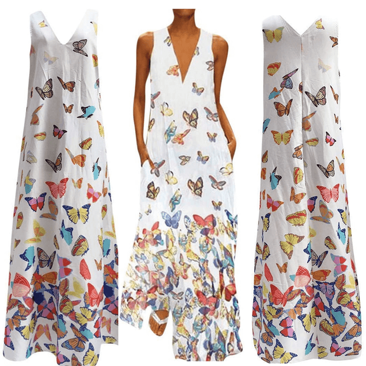 Vrouwenkleding: zomerse maxi jurk met kleurrijk vlinderpatroon. Comfortabel en trendy voor vakantie.