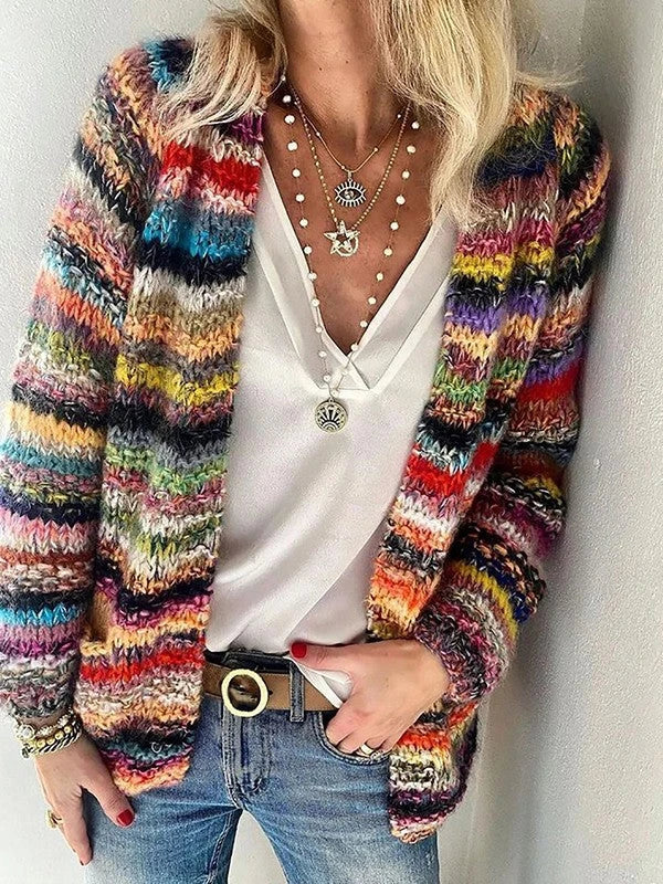 Dames meerkleurig gebreid vest met open voorkant, lange mouwen, casual en stijlvol voor comfortabele mode.