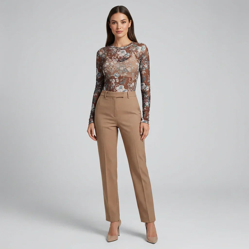 Dames mesh kant top met lange mouwen, doorzichtig en slim fit. Perfect voor avondkleding.