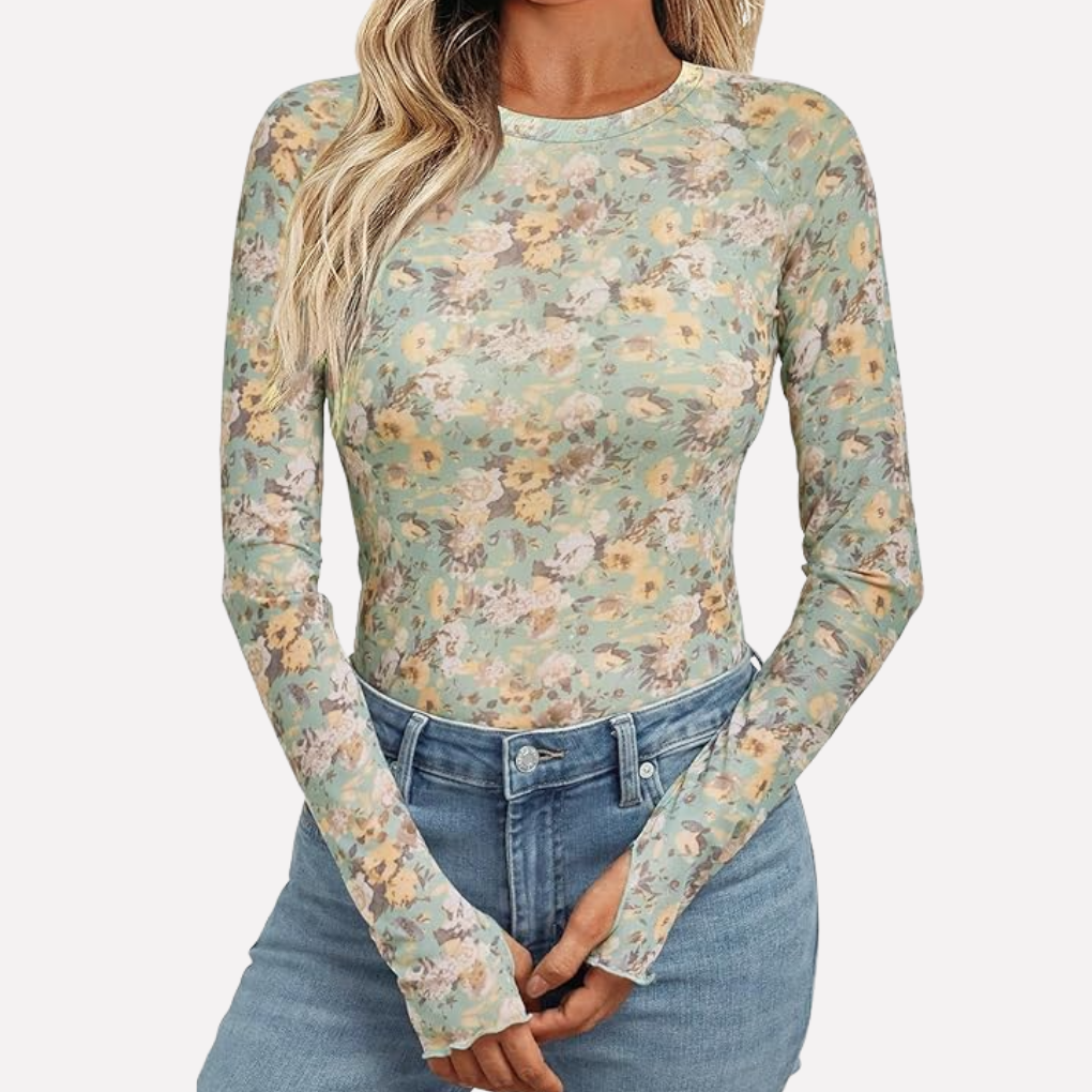 Slim fit dames mesh kant top met lange mouwen, doorzichtig design. Geschikt als uitgaan top.