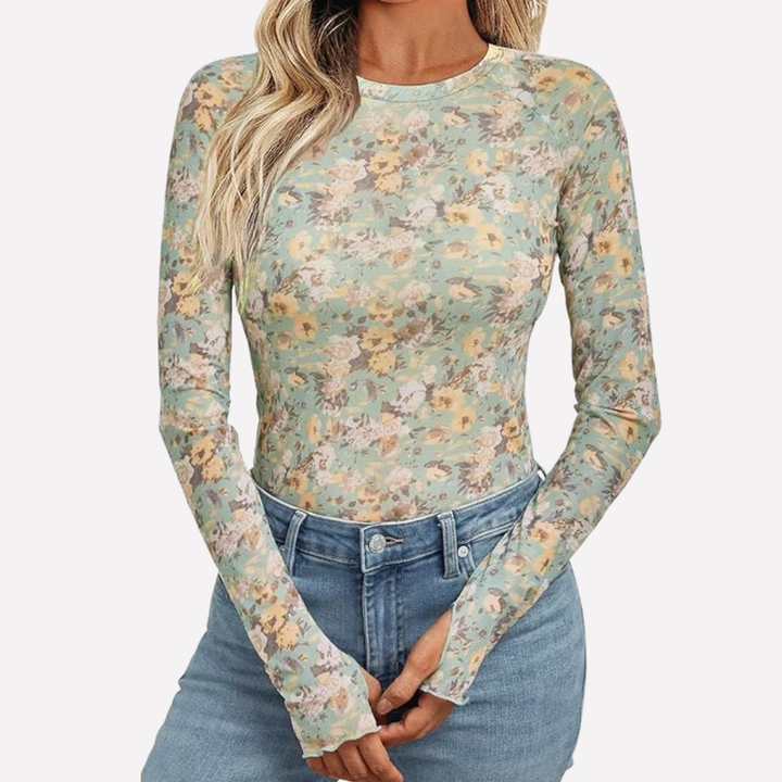 Slim fit dames mesh kant top met lange mouwen, doorzichtig design. Geschikt als uitgaan top.