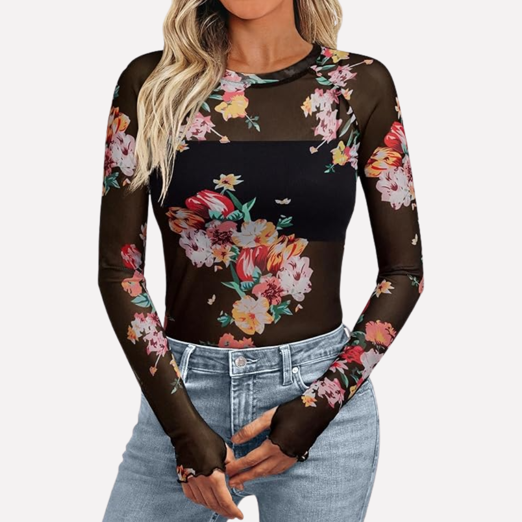 Dames top van mesh en kant, doorzichtig met lange mouwen. Een modieuze keuze voor avondkleding.