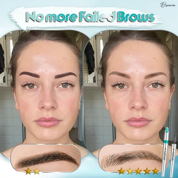 Vrouw brengt langhoudende microblading wenkbrauwpen aan voor natuurlijke, volle wenkbrauw make-up.