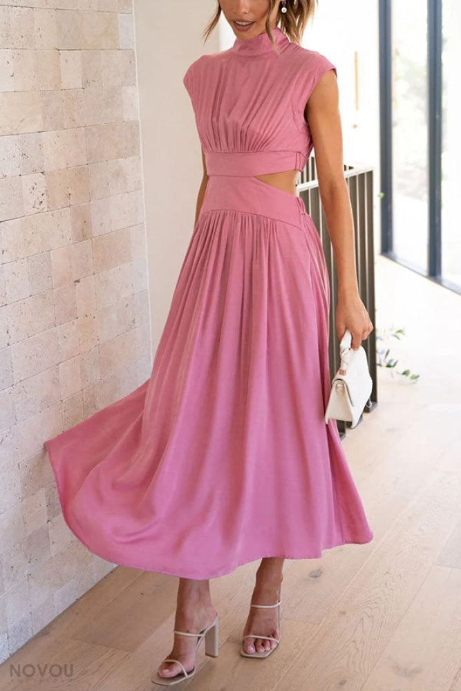 Trendy midi zomerjurk met hoge col en gedetailleerde taille-uitsparing voor dames.