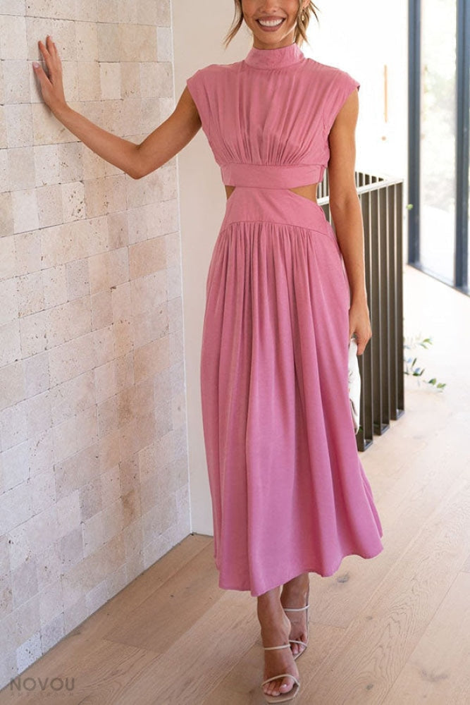 Casual elegante damesjurk: midi, met col en een moderne taille-uitsparing. Perfect voor de zomer.