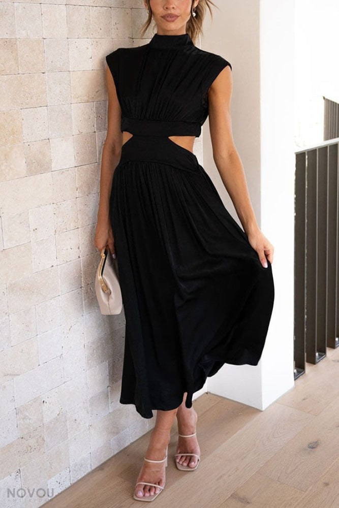 Trendy dames midi jurk met col en open taille, ideaal voor strand of feest. Vrouwenmode must-have.