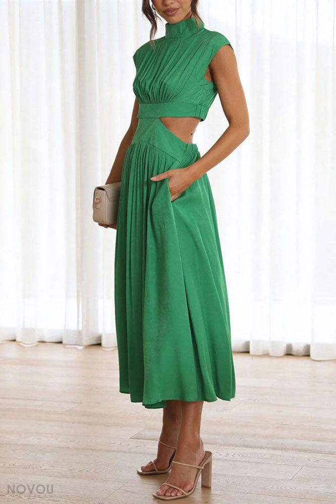Casual, maar chique damesjurk, midi lengte, col en elegante uitsparing in de taille. Trendy zomerjurk.