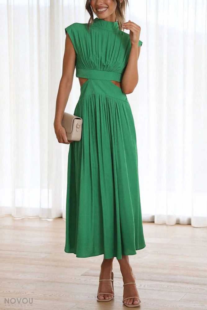 Feestjurk dames: elegante midi met col en opvallende taille-uitsparing. Voor een sophisticated look.
